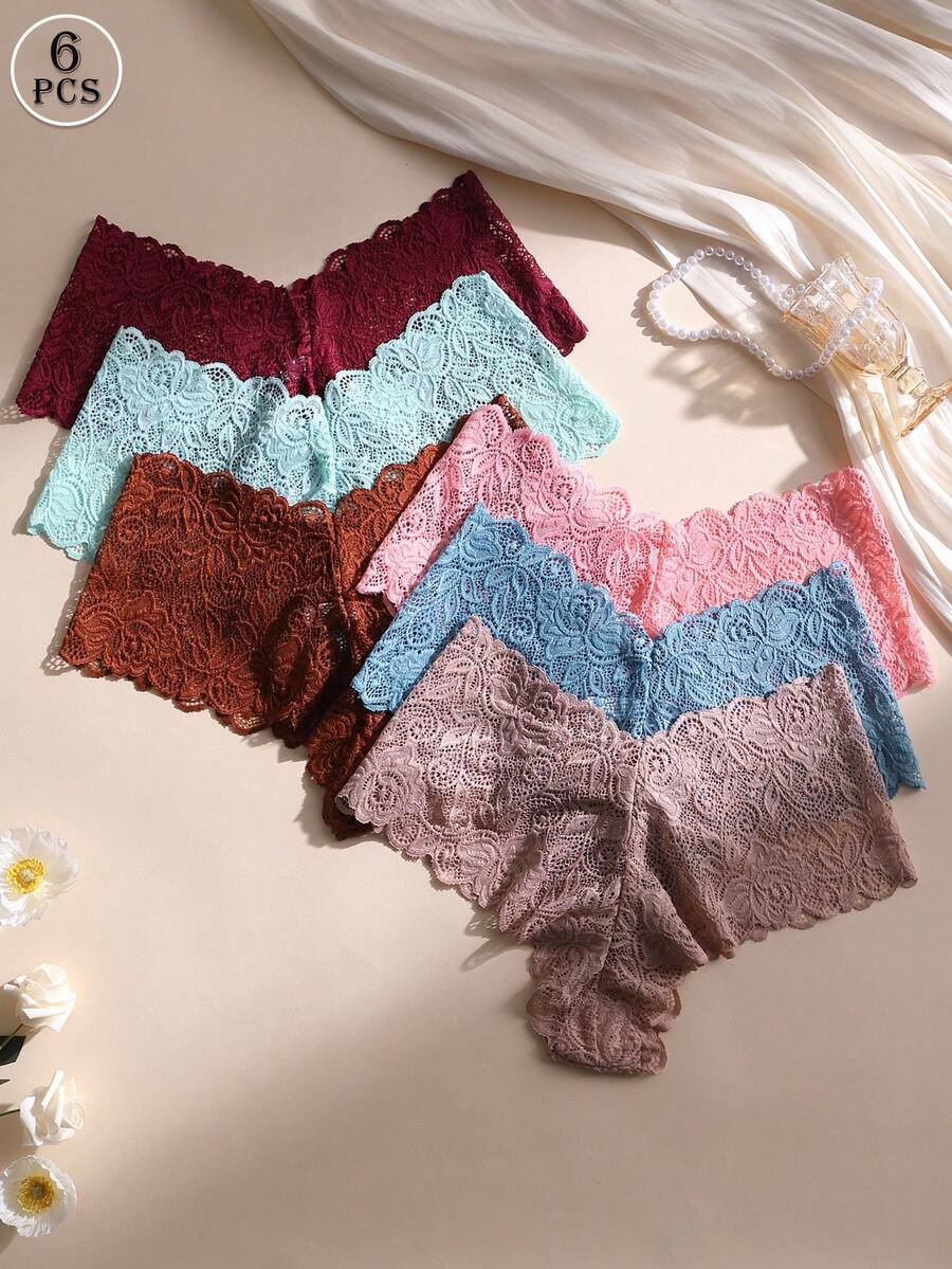 6条装女士性感蕾丝拼接无缝低腰三角裤，柔软舒适透气，适合瑜伽、运动和日常穿着