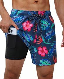 Bañador de hombre con forro de compresión, pantalón corto de baño de 5 pulgadas de entrepierna para hombres - Flores coloridas - Ver 11