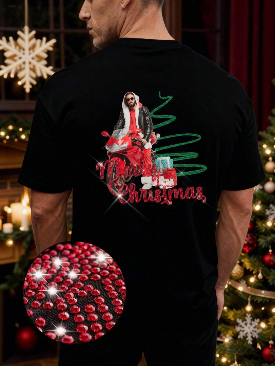 Black Men's Christmas Holiday Glamour Retro Rhinestone Print T-Shirt - Black - View 1