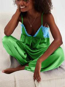 Women's Pajama Sets Lace Patchwork Spaghetti Strap Ruffled Cami Tops With Loose Pants Set Satin Silk Pj Set - màu xanh lá - Xem 1