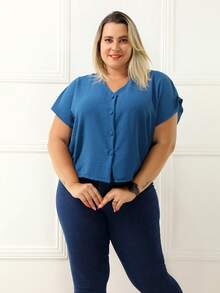 Plus Size Blouse, Sizes 46 To 50, Covered Button - Blågrön - Visa 2