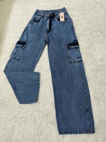 Women's High-Waisted Wide-Leg Cargo Jeans With Graphite Print. - Medium Wash - View 2