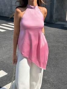 HUACAITA Vacation C-Position Satin Halter Backless Tie Bow Asymmetrical Hem Sweet & Spicy Cropped Top, Pink Purple - Pink Purple - View 2