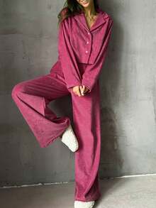 Conjunto de pijama de manga larga y pantalones de felpa rosa, nuevos pijamas de otoño e invierno, ropa de estar cómoda y esponjosa para mujer - Rosa - Ver 5