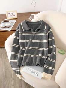 2025 Autumn/Winter New Striped Contrast Color Half Zip Polo Collar Sweater Top - Grey - View 1