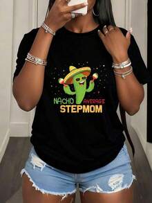 Mexican Women's T-Shirt With Funny Text Nacho Average Stepmom, Humor Gifts, Graphic Tees, Casual Fashion, Art T-Shirt Style - 黑色 - 查看 1