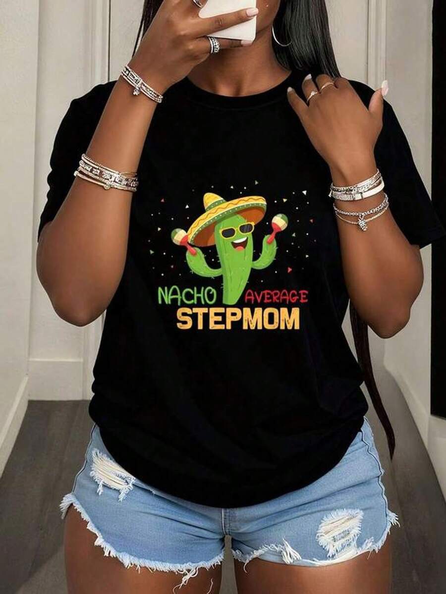 Mexican Women's T-Shirt With Funny Text Nacho Average Stepmom, Humor Gifts, Graphic Tees, Casual Fashion, Art T-Shirt Style - 黑色 - 查看 1