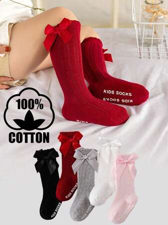 5 pares de calcetines de media caña de algodón para niños, calcetines largos de tubo con moño y puntos de silicona antideslizantes, calcetines suaves con puño para bebé