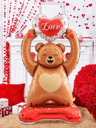 1个巨型站立棕熊气球，大棕熊抱着心形动物气球，适用于情人节、生日、派对装饰、棕熊主题派对装饰、浪漫装饰、表白、求婚、婚礼、周年纪念、新娘礼物装饰气球
