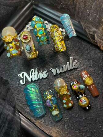 10 Handmade Fully Covered Fake Nail Sets, Rectangular Armor, Brown French Tip Nails, Y2k Metallic Style, Cat Eye Design, Gold Nails,Leopard Nails,Three-Dimensional Water Droplet Embellishment, Suitable For Girls To Attend Parties, Theme Parties And Other Activities, Equipped With 1 Mini Nail File And 1 Double-Sided Adhesive Label.