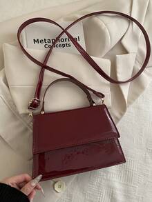 1 pieza Nuevo mini bolso de mano de moda, bolso cuadrado con solapa de material de PU texturizado de unicolor, bolso de hombro elegante y versátil de estilo occidental sencillo con correa ajustable y desmontable - Burdeos - Ver 10
