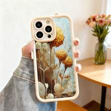 Cubierta de telefono con borde negro y diseño floral dorado y marron para iPhone 14 Pro Max elegante estilo natural ideal para uso diario y regalo - Blanco - Ver 2
