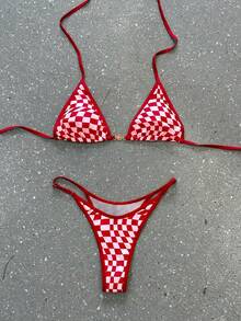 女士时尚性感吊带泳衣，格子印花比基尼套装，优雅夏季装扮，适合夏季度假、派对、海滩假期 - 紅色 - 查看 1