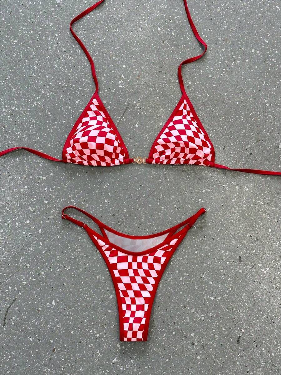 女士时尚性感吊带泳衣，格子印花比基尼套装，优雅夏季装扮，适合夏季度假、派对、海滩假期 - 紅色 - 查看 1