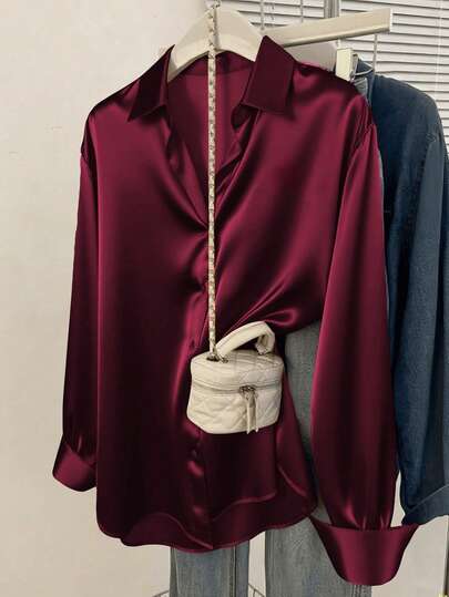 Women's Satin Blouse, Business Casual Button-Up Shirt With Lapel Collar, Elegant For Office And Leisure Wear, Suitable For Autumn, Winter And Spring.