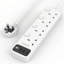 Multi Plug Extension Lead 5M, TESSAN 4 Way Plug Extender With Switches, Extension Cable With 3 USB Slots, 5 Metre Multiplug Socket UK 3250W For Home Office School Supplies - White - View 8