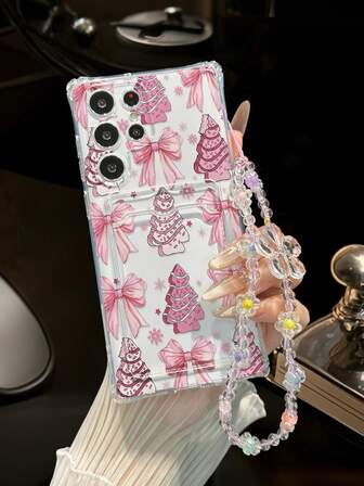Funda protectora de teléfono gruesa y resistente a los golpes con tarjetero transparente pintado con un lindo árbol de Navidad de Android, con correa para la muñeca y multifuncional