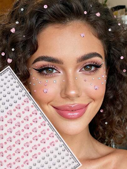 Shiny 3D Pink Heart Gem Silver White Crystal Rhinestone Face Jewels, DIY For Wedding, Music Festival, Carnival, Valentine's Day, Y2K Party, Daily Decoration, Makeup Party, Ball, Can Be Used For Hair, Eyes, Face, Body Decoration