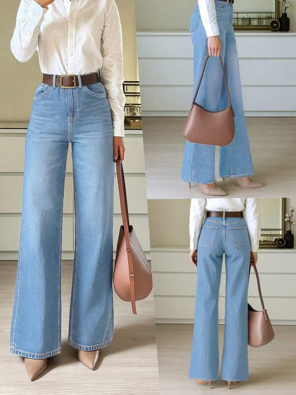 Pantalones vaqueros rectos y elásticos n.º 9650, elegantes y de moda, casuales y versátiles, pantalones vaqueros de pierna ancha y acampanada para mujer