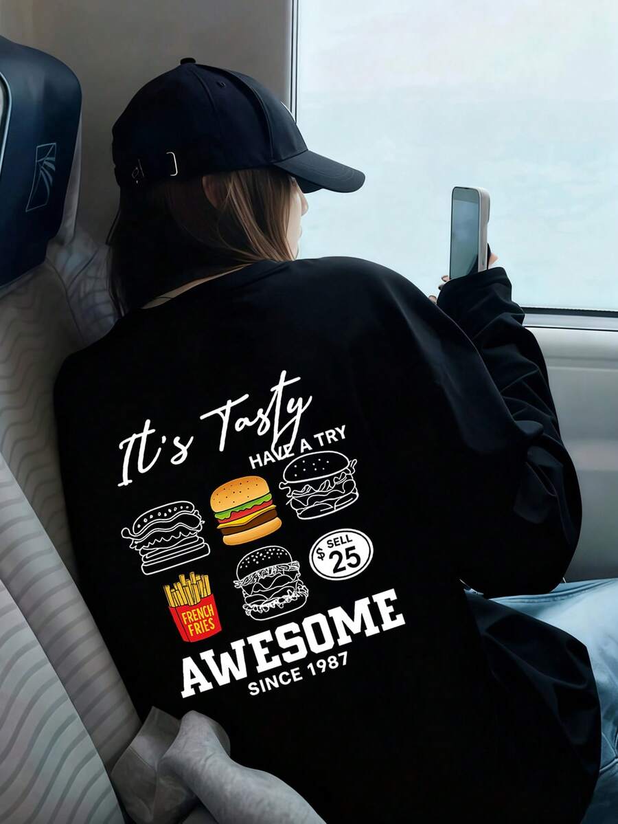 Hamburger Print Long Sleeve White Round Neck T-Shirt, Casual Loose Fit Versatile Top For Women, Autumn