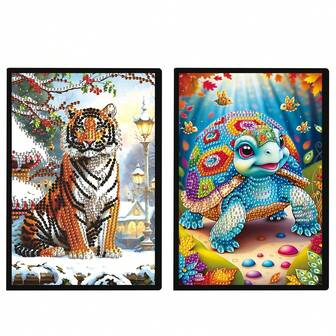 2pcs Diamond Art Painting Kit Notebook Combination, 5D DIY Tiger And Turtle Diamond Painting Pattern, Special Shape Crystal Artificial Diamond Partial Mosaic Crafts, Diamond Painting Art Notebook Set