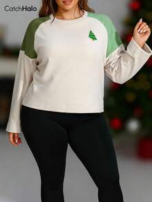 1pc Plus Size Fleece Sweatshirt Beige Colorblock Christmas Top Tree Embroidery Slim Fit Sports Pullover - Apricot - View 10