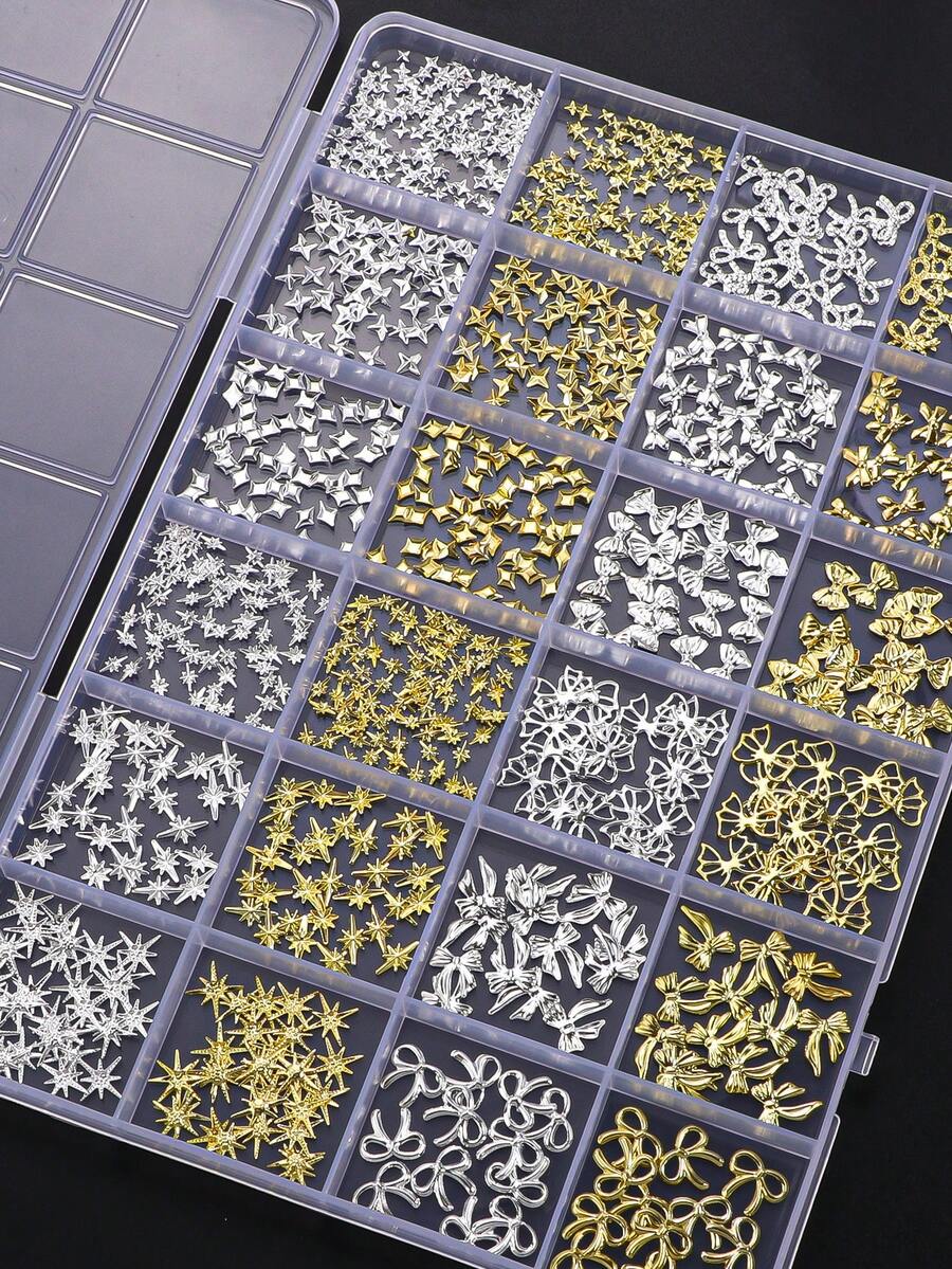 24pcs Gold & Silver Bow, Ribbon, Star Studs And Rivets Decoration Set - A Versatile Hollow Metal Nail Art Sticker Kit For DIY Crafts And Customization - Multicolor - View 1