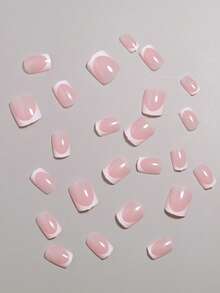 VV MEI JIA ER 24片白色短方形按压式美甲贴片，创意半透明法式设计，全覆盖式美甲贴片套装，适合办公室和日常佩戴，女士和女孩适用，法式尖头甲型，附赠指甲锉和啫喱，一套美甲用品。 - 白色 - 查看 5