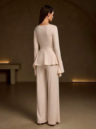 New Elegant Women's Autumn & Winter Two Pieces Suit – Textured Wool-Like Knit, Solid Color, Flared Cuff & Hem, Suitable For Daily Leisure, Shopping & Elegant Gatherings