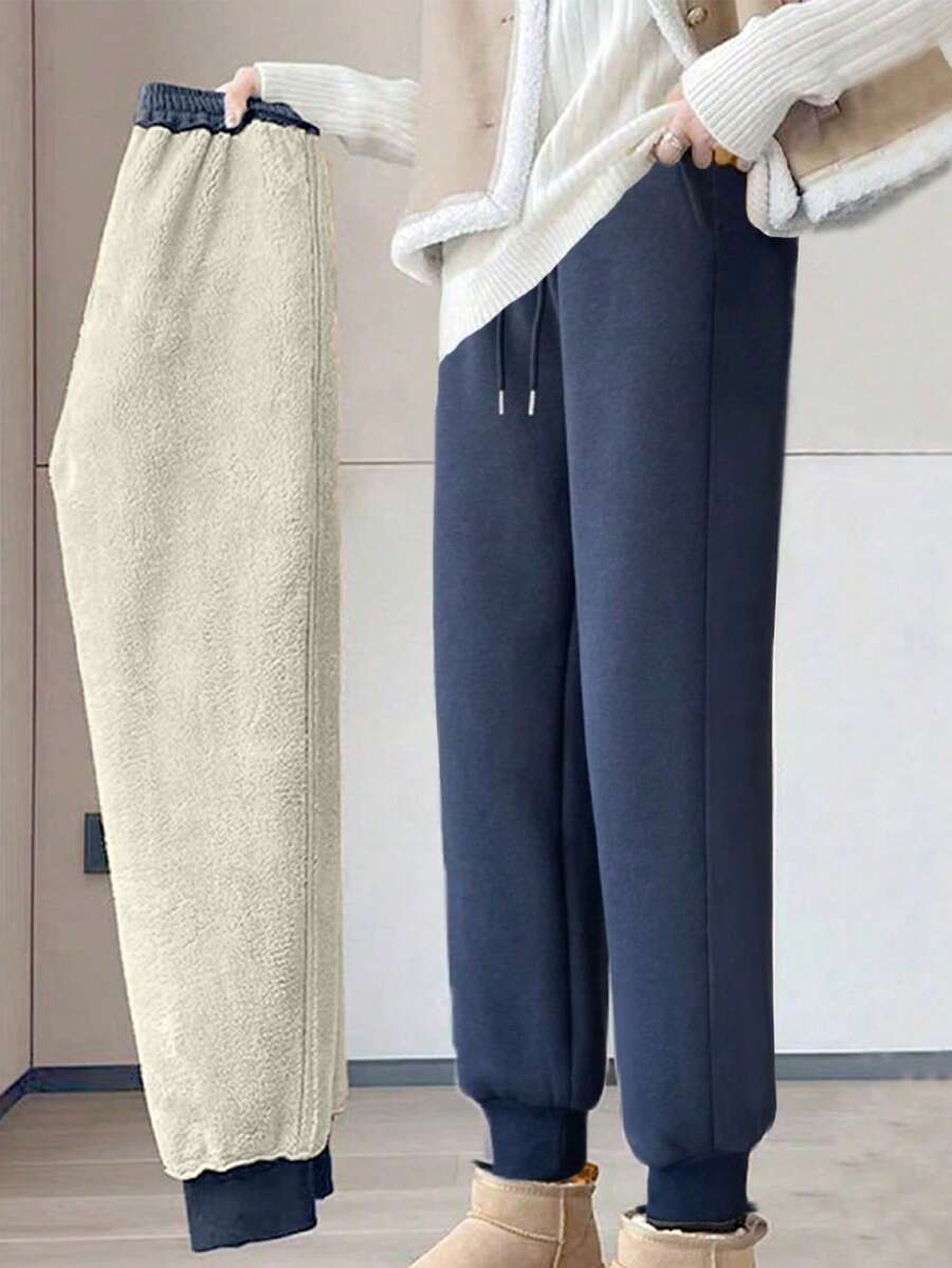 女士户外保暖加厚裤，秋冬季加厚保暖羊羔绒运动裤，抓绒材质 - 藏蓝色 - 查看 1