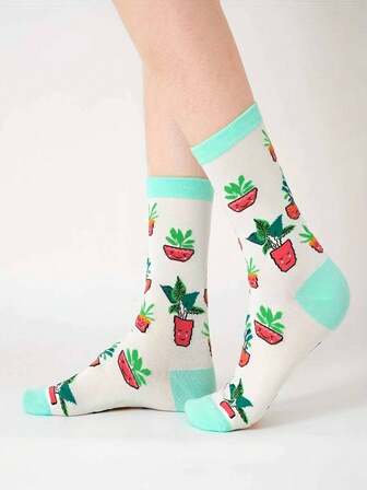 1 Pair Autumn/Winter Couple Socks, Cute Funny Potted Plant Pattern Fashion Socks, Soft & Comfortable, Suitable For Various Occasions