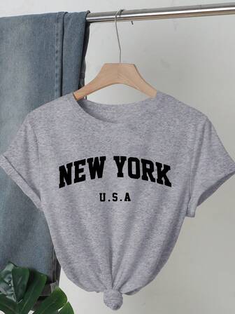 字母印花圆领T恤，休闲宽松短袖夏季T恤上衣，女款