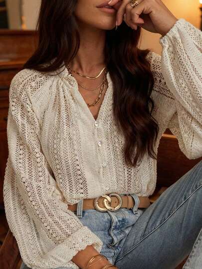 Blouse ample et décontractée de style français, en dentelle ajourée, col en V, à manches bouffantes, polyvalente pour l'automne, grande taille