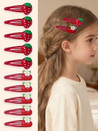 10 piezas Clips de pelo con forma de fresa roja linda, Clips de pelo con flequillo dulce para estudiantes, Accesorios de pelo para niños, Rojo, Juego de regalo de decoración de pelo para niñas, Adecuado para uso diario