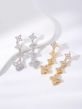 1 Pair Elegant Full Diamond Hollow Clover Shaped Long Dangle Earrings, High-End Quality Suitable For Banquet, Evening Party