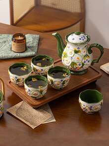 1pc/2pcs/4pcs Vintage Polish Jasmine Ceramic Tea Set, French Retro Embossed Hand-Painted Large Capacity Teapot & Cups, Suitable For Arabic Coffee, Milk Pot, Tea Pot, New Year, Daily Gathering, Party Hosting, Ideal Gift For Friends