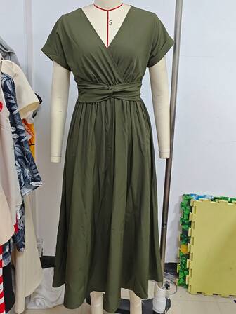 Vestido casual feminino de férias, cor sólida, cintura torcida