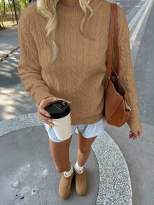 FOR BEAUTY 纯色极简圆领扭结针织长袖毛衣，女士时尚落肩套头衫，新年版 - 暖棕色 - 查看 6