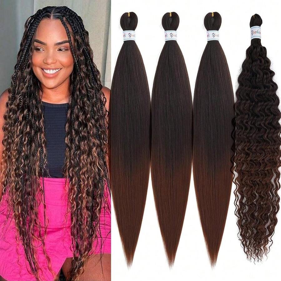 Pre Stretched Braiding Hair Ombre 1B/30 Curly Wavy Braiding Hair Boho Braids 26 Inch Bohemian Curls Knotless Hypoallergenic Deep Water Ocean Wave Crochet Braids Extensions 4 Packs,1B/30BohoBraidingHair4Packs - 1B/30波西米亞風編發4包 - 查看 1