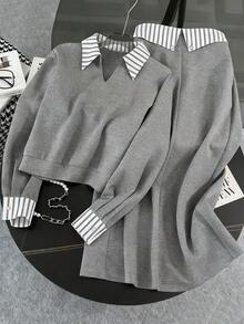 PARARAL Plus Size Women Spring Fashion Casual Commute Versatile Solid Color Stripe Splice Long Sleeve Top & Contrast Color Skirt 2 Piece Set, Women Spring Outfit, Office Wear, Airport Outfit, Valentine's Day Date Outfit