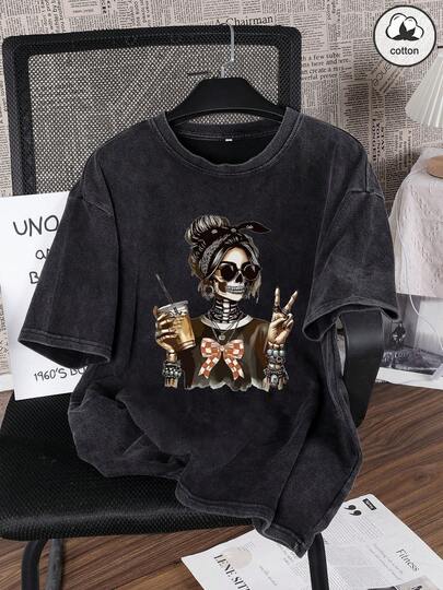 Es Trus Cotton Summer Women's Funny Skull Girl Graphic Hiphop Streetwear, Korean Vintage Chic Casual Commute Y2K Tee, Suitable For Outdoor Leisure, Regular Niche Punk Style Black Fitted Round Neck Short Sleeve Washed T-Shirt