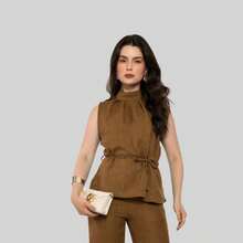 Conjunto Calça Pantalona E Blusa Gola Alta Cinto Amarração Elegante Hz Con-0012 - Marrom - Visão 3