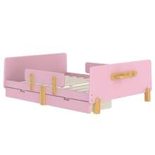 FULL SIZE TODDLER BED WITH STORAGE DRAWERS, SOLID WOOD TODDLER BED FRAME WITH BED GUARDRAIL, SMALL SHELF & HOOKS, NO BOX SPRING NEEDED, PINK - 粉色 - 查看 5