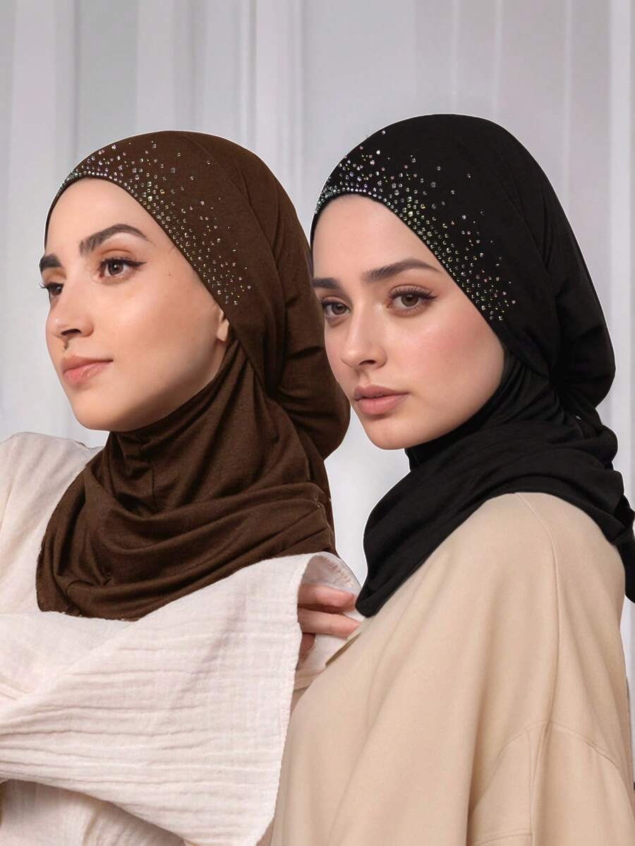 1件装女士速戴头巾，方便系带头巾，纯色水钻斋月头巾，适合斋月和日常佩戴 - 燙鑽長脖帽 - 查看 1