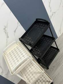 三层黑色滚动储物推车，耐用塑料材质，便携式收纳架，适用于浴室、厨房和客厅 - 360°旋转底座，方便存放和取用物品，室内外均可使用，浴室收纳方案 | 现代储物推车 | 耐用塑料置物架，浴室收纳整理架