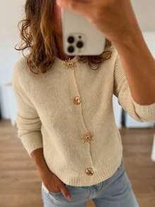 Live To Mo Winter For Women Christmas Beige Knit Cardigan Sweater - Fashionable Casual Style With Gold Buttons, Thanksgiving For Women Going Out Tops