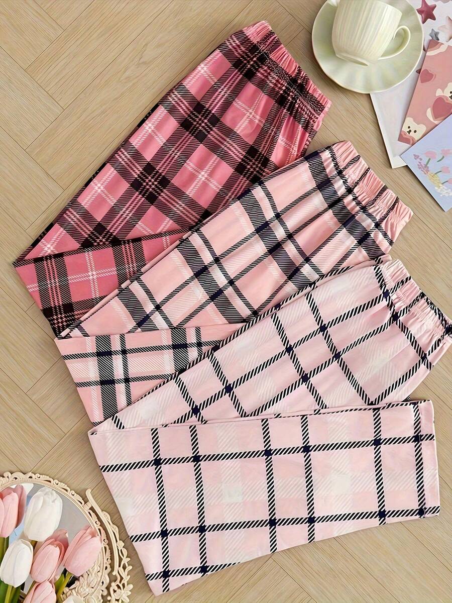 3-Pack Checkered Print Pajama Pants, Casual Home Pants, Soft And Comfortable, Beautiful Pajama Pants For All Seasons, Stylish Women's Pajama Set In Multiple Colors - 彩色 - 查看 1
