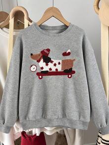 1件装休闲可爱腊肠犬刺绣图案毛巾，女士秋季服装，女士冬季服装，2025年新款秋季女士时尚，女士休闲落肩圆领长袖卫衣