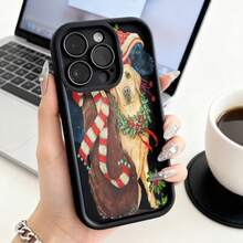 Cubierta de teléfono con diseño de perro navideño negro con estampado de perro con gorro y bufanda roja y blanca para temporada festivaCompatible with  16 Pro Max/16 Plus/16 Pro/16/15 Pro Max/15 Plus/15 Pro/15/14 Pro Max/14 Plus/14 Pro/14/13 Pro Max/13 Pro/13/12 Pro Max/12 Pro/12/11 Pro Max/11 Pro/11/XS Max/XR/X/7 Plus/7 TPU Drop-Proof and Stain-Resistant Protective Soft Case - Negro - Ver 2