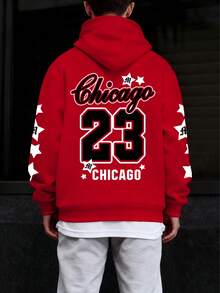 Teen Boy Fashionable Sports Number 23 English Graphic Casual Pullover Sweatshirt, Versatile For Street, Outdoor, Sports, Daily Commute - Red - View 1
